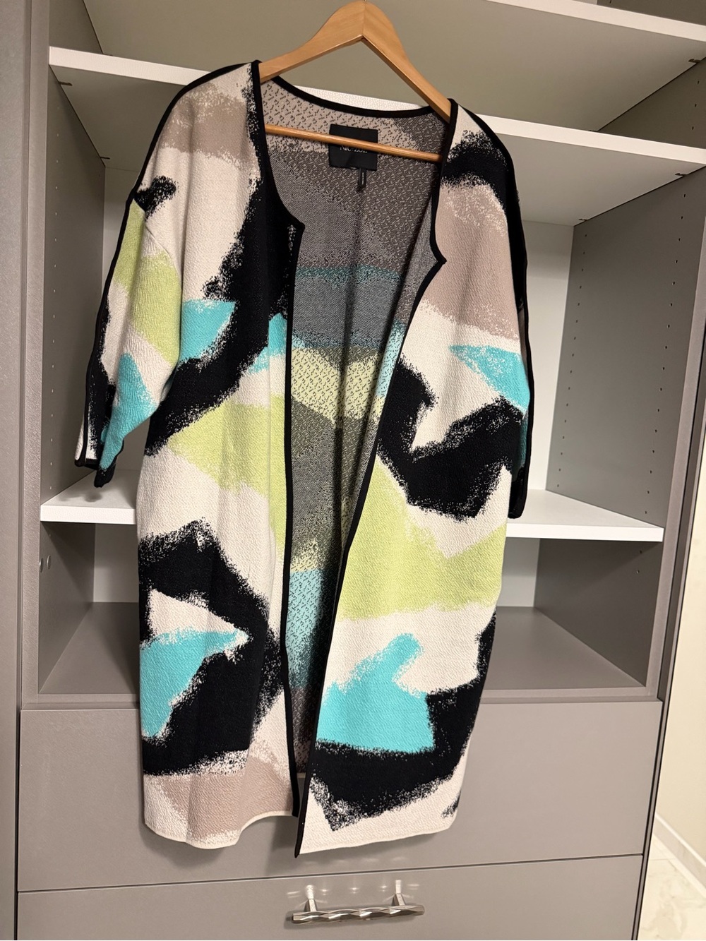 NIC+ZOE Open-Front Abstract Print Coatigan in Black, White, Aqua & Lime
